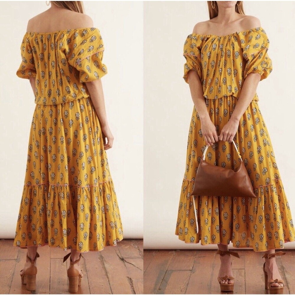 RHODE Resort Frida Floral Print Off The Shoulder Midi Dress L Yellow Boho Cotton